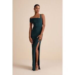 Lulu's Teal One-Shoulder Ruched Gown with Thigh Slit